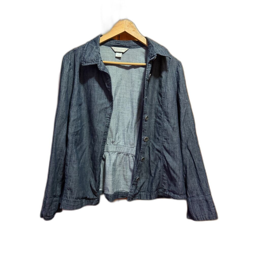 Christopher & Banks Petite Chambray Button Front Jacket Blue Lightweight Cotton